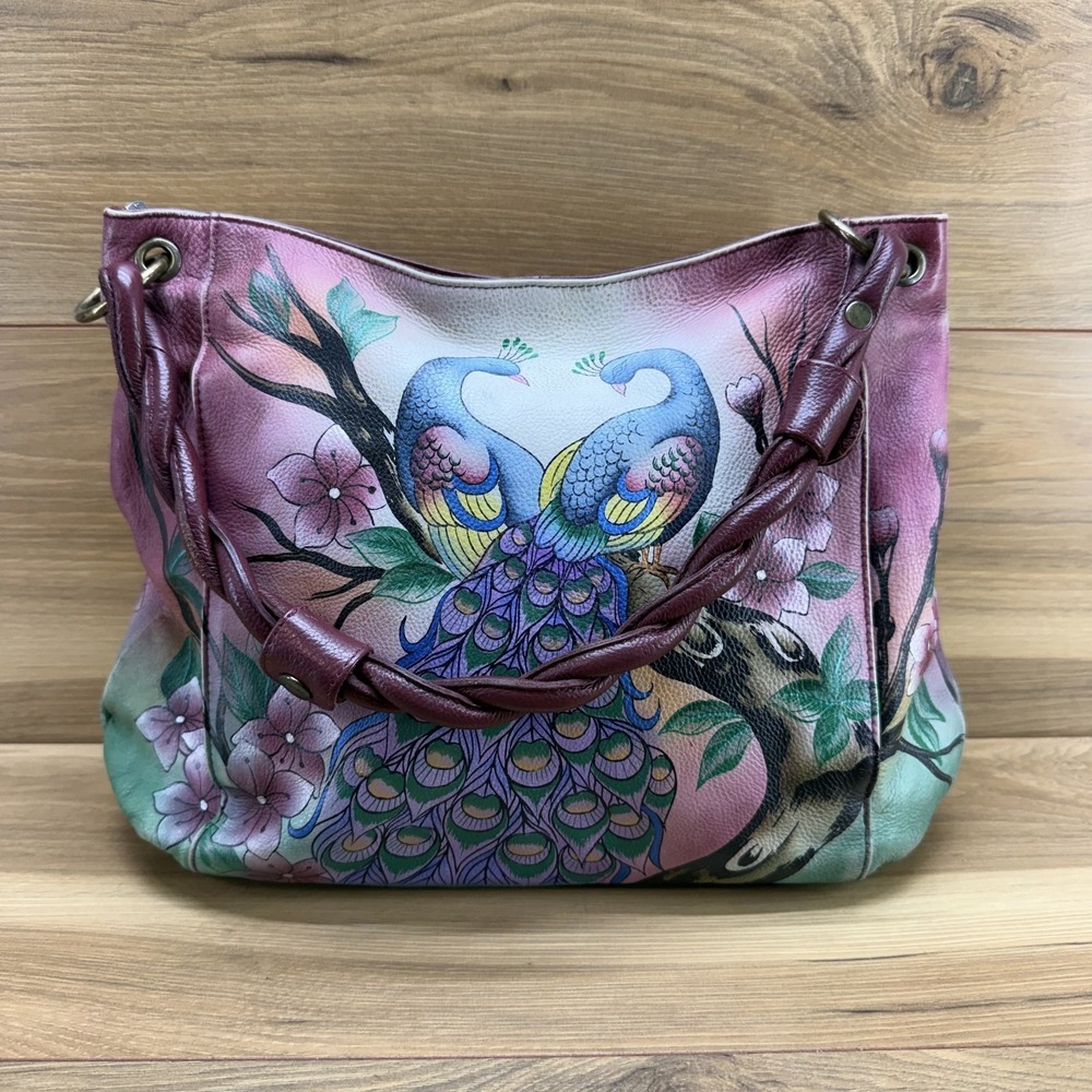 Anuschka Peacock Love Purple Hobo Shoulder Bag Braided Top Handle Leather Floral